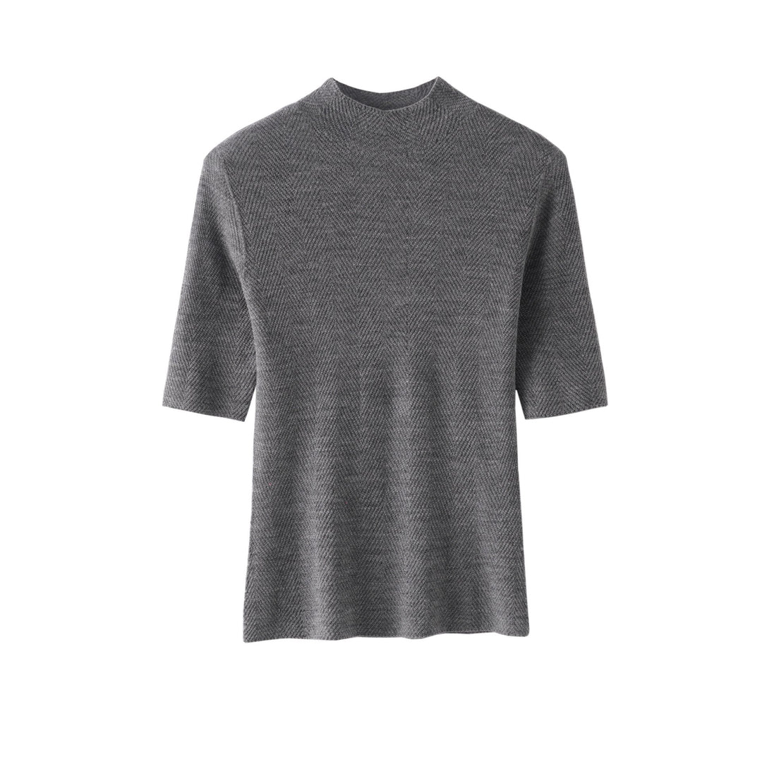 Women's fine-knit top with stand-up collar, elbow-length sleeves, and herringbone structure Mune Fashion