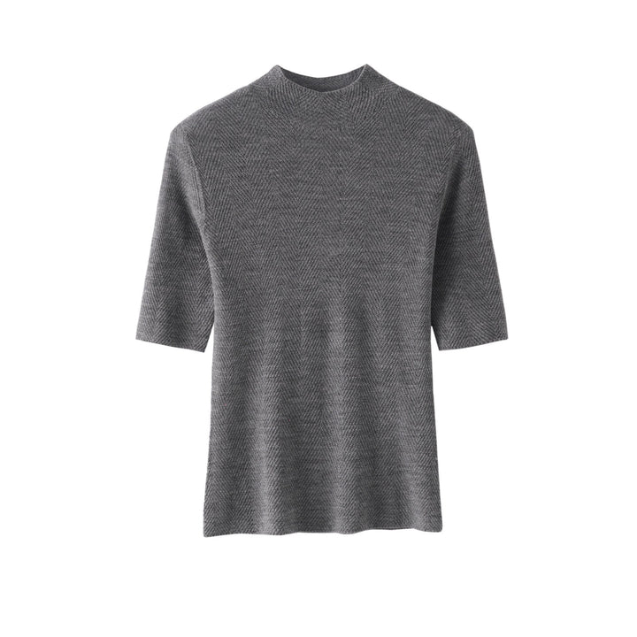 Women's fine-knit top with stand-up collar, elbow-length sleeves, and herringbone structure Mune Fashion