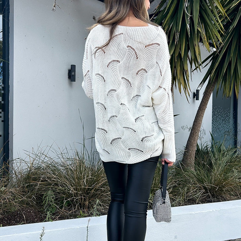 Ladies Oversized Knit Sweater with V-Neck and Lace Insert Mune Fashion