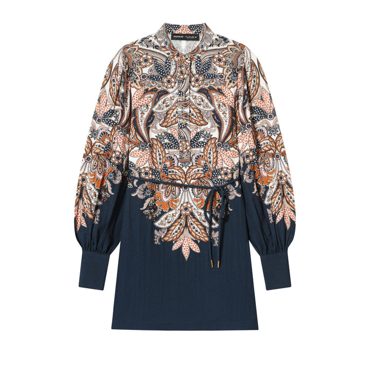 Women's Paisley Tunic with Stand-Up Collar, Waist Drawstring, and Balloon Sleeves Mune Fashion