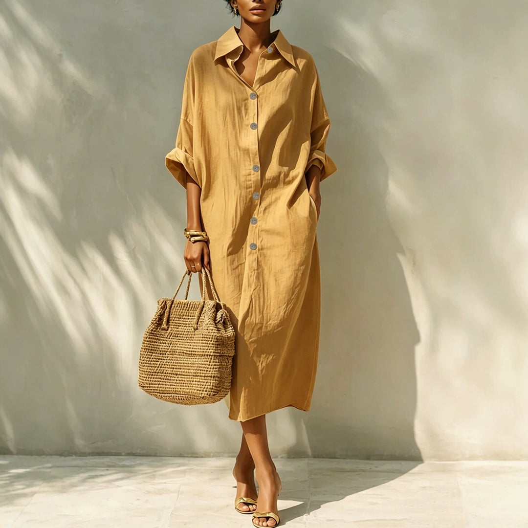 Women's Long Oversized Shirt Dress with Kent Collar and Continuous Button Placket Drune
