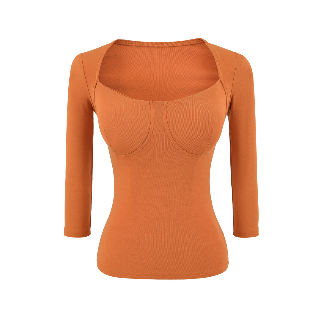Women's Fitted Long Sleeve Top with Integrated Bustier Contour and Square Neckline Mune Fashion