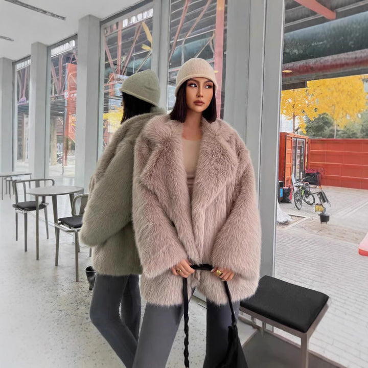 Women Short Fluffy Coat with Oversized Silhouette, Voluminous Shawl Collar and Medium Length Mune Fashion