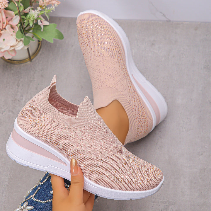 Women's Knit Slip-On Sneakers with Hidden Wedge and Glitter Application Mune Fashion