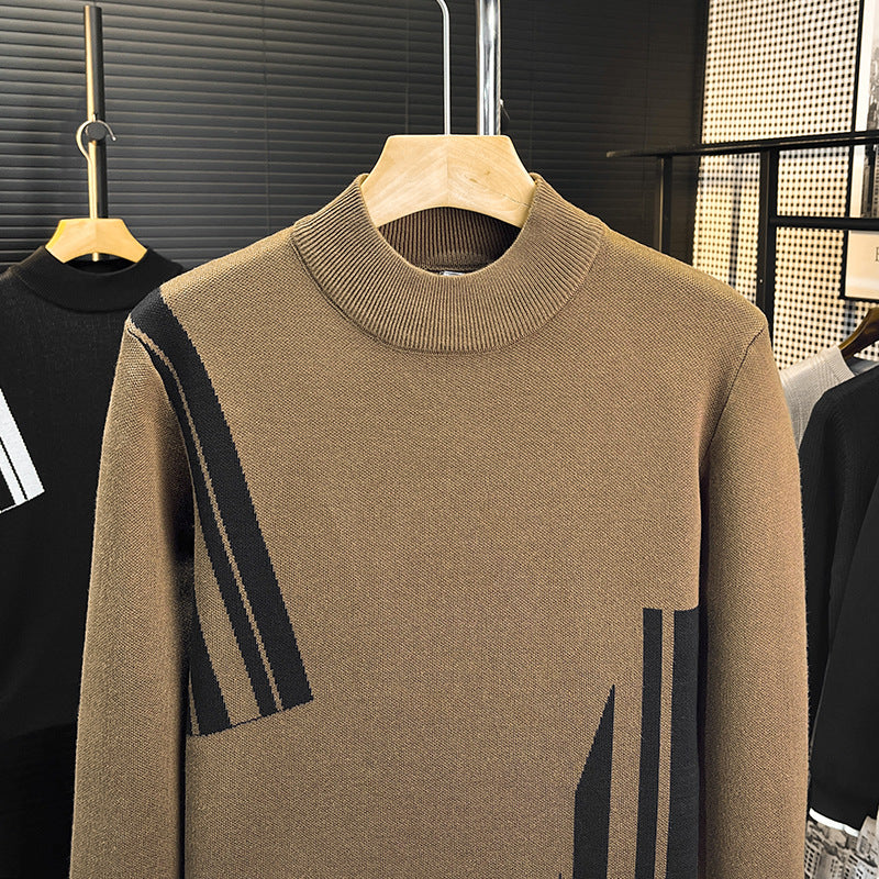 Men's fine knit pullover with short stand-up collar and geometric intarsia design Mune Fashion