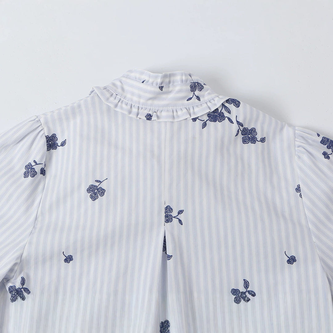 Women's sweater blouse with bow collar, ruffle yoke and floral embroidery Mune Fashion
