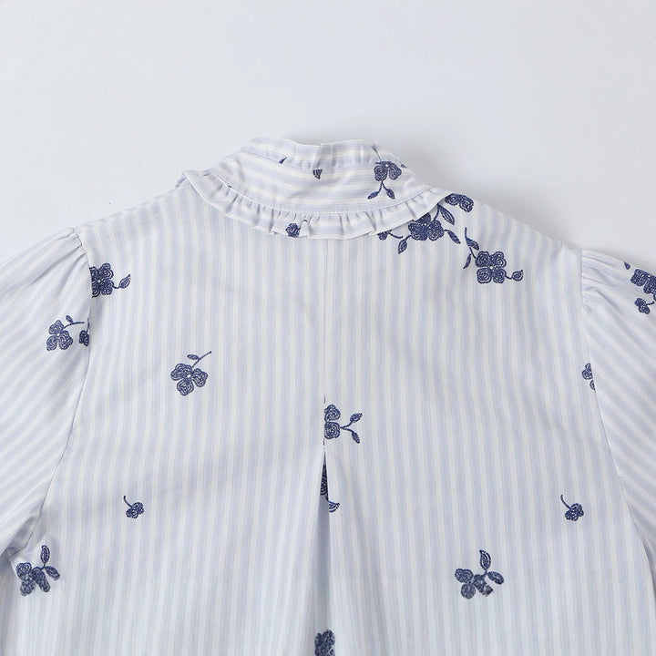 Women's sweater blouse with bow collar, ruffle yoke and floral embroidery Mune Fashion