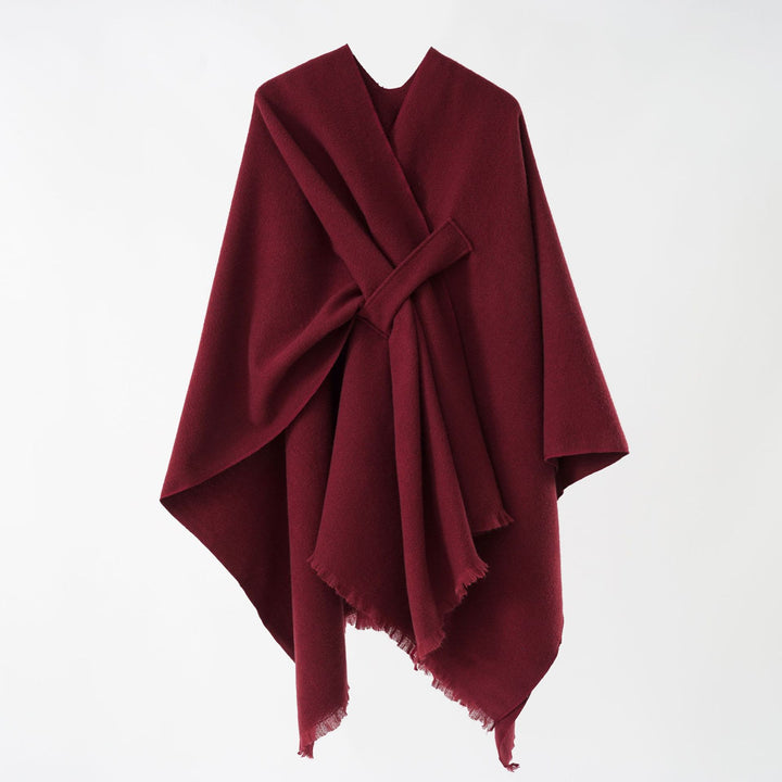 Women's lightweight wool blend wrap with fringes and tie belt Mune Fashion