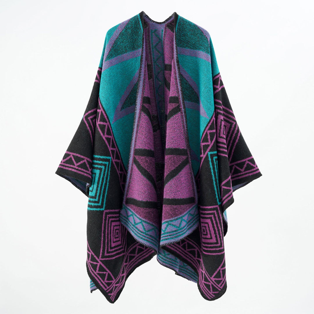 Women Geometric Wool Blend Overthrow Poncho with Overlock Edge Mune Fashion