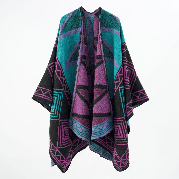 Women Geometric Wool Blend Overthrow Poncho with Overlock Edge Mune Fashion