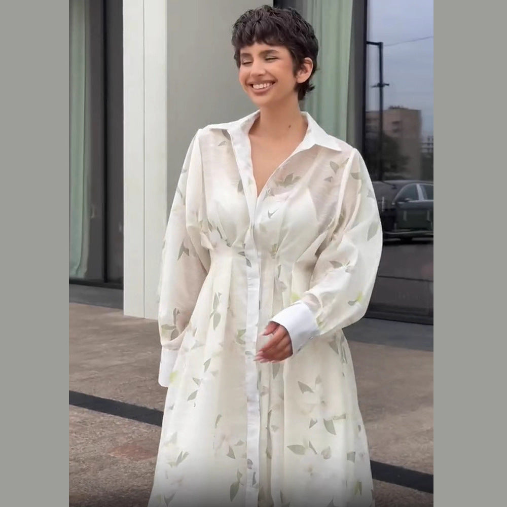 Women's Transparent Shirt Dress Made of Organza with Tailored Silhouette and Balloon Sleeves Mune Fashion