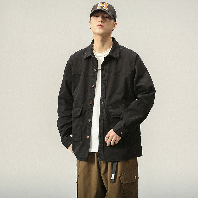 Men's Overshirt-Field Jacket in Utility Canvas with Large Flap Pockets and Shirt Collar Mune Fashion