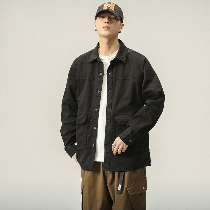 Men's Overshirt-Field Jacket in Utility Canvas with Large Flap Pockets and Shirt Collar Mune Fashion