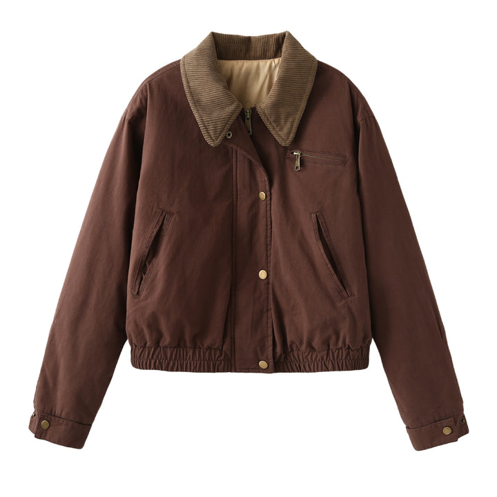 Women's cropped bomber jacket with corduroy collar, chest zipper, and elastic drawstring hem Mune Fashion