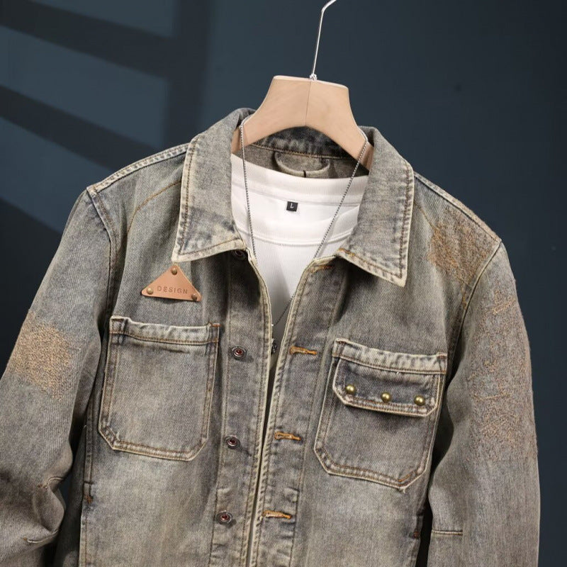 Men's vintage-inspired jeans jacket in worker look with used wash and patch chest pockets Mune Fashion