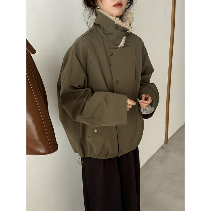Women Short Oversized Bomber Jacket with Teddy Collar and Snap Button Details Mune Fashion