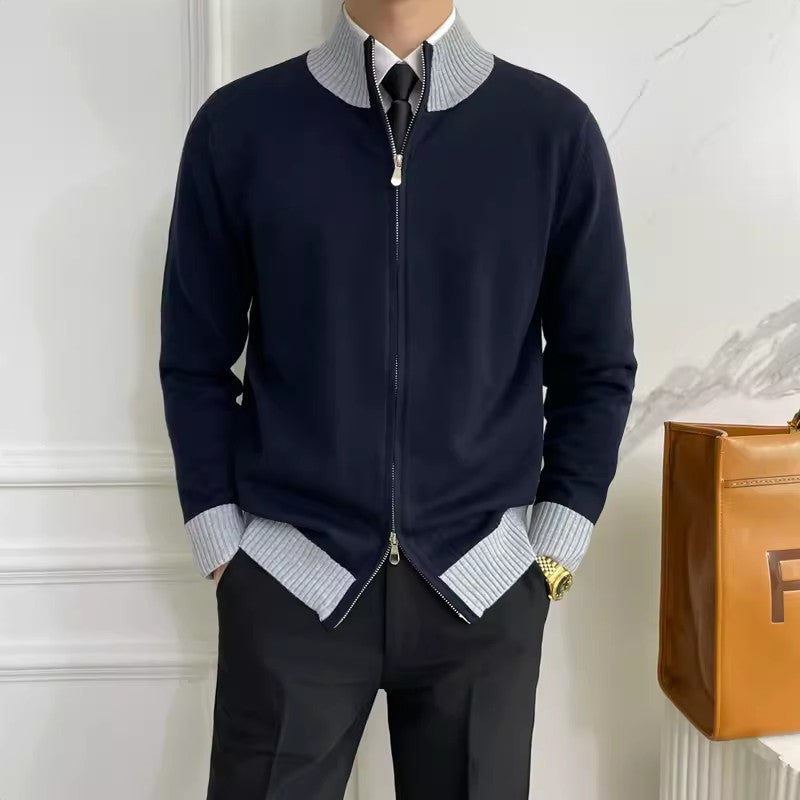 Men's zip fine knit cardigan with standing collar and ribbed hem Mune Fashion