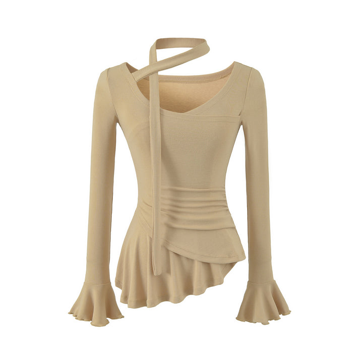 Women's asymmetrical fitted long sleeve top with wrap scarf, flared bell sleeves, and tiered peplum Mune Fashion