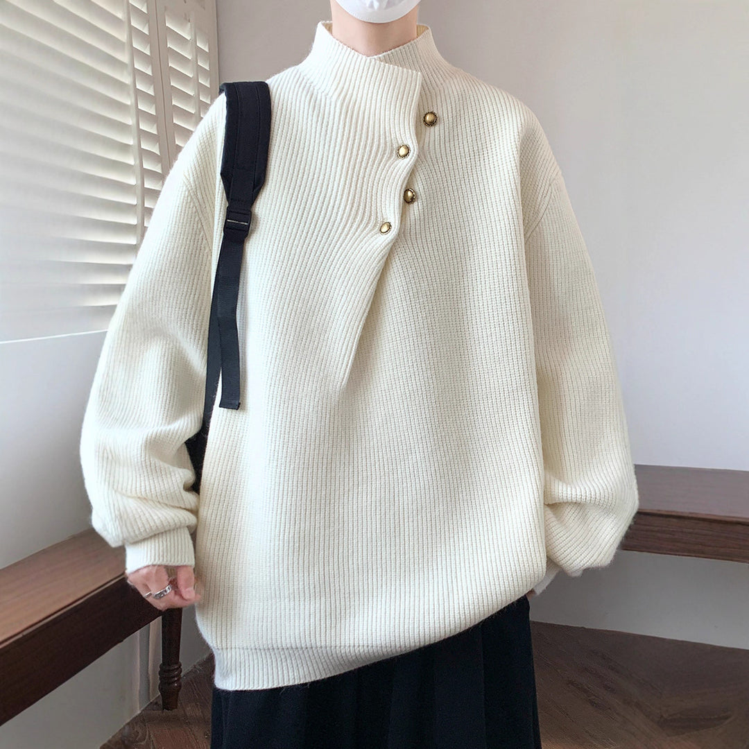 Men's Oversized Ribbed Sweater with Asymmetric Button Collar Mune Fashion