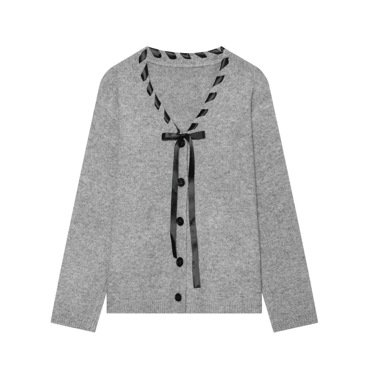 Women's Fine Knit Cardigan with V-Neck and Satin Band Trim Mune Fashion