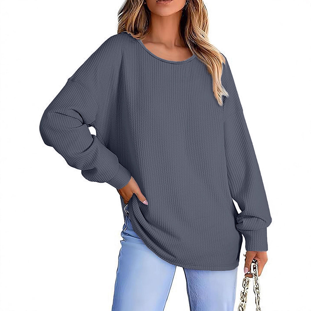 Women's Oversize Waffle Knit Sweater with Round Neck, Balloon Sleeves, and Extended Hem Mune Fashion