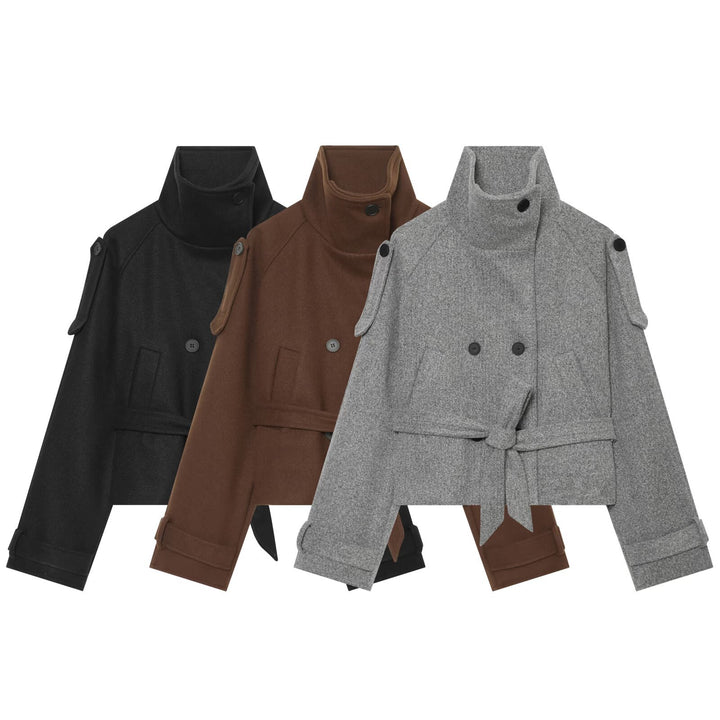 Women Short Wool Blend Cape Jacket with Waist Belt and Funnel Collar Mune Fashion