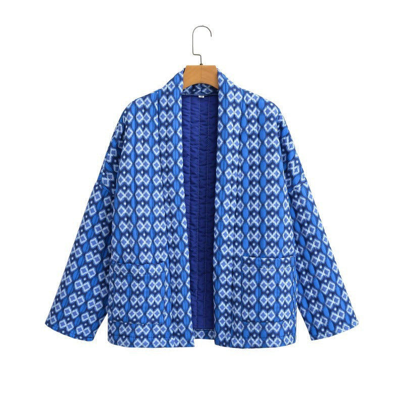 Women Patterned Quilted Kimono Jacket with Patch Pockets Mune Fashion