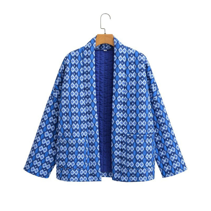 Women Patterned Quilted Kimono Jacket with Patch Pockets Mune Fashion