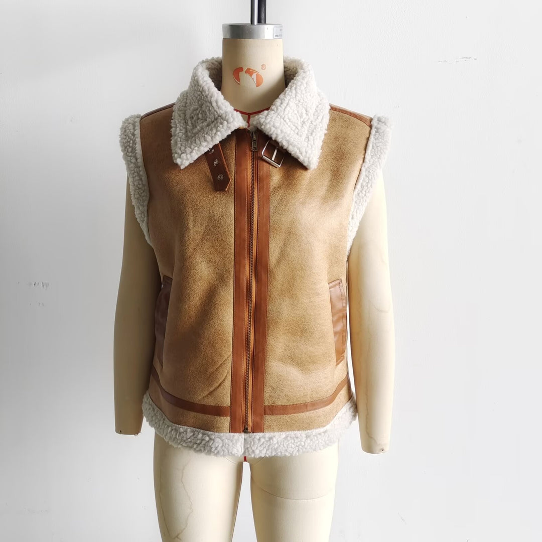 Women nan padded lambskin imitation vest with large Sherpa collar, zipper and side pockets Mune Fashion