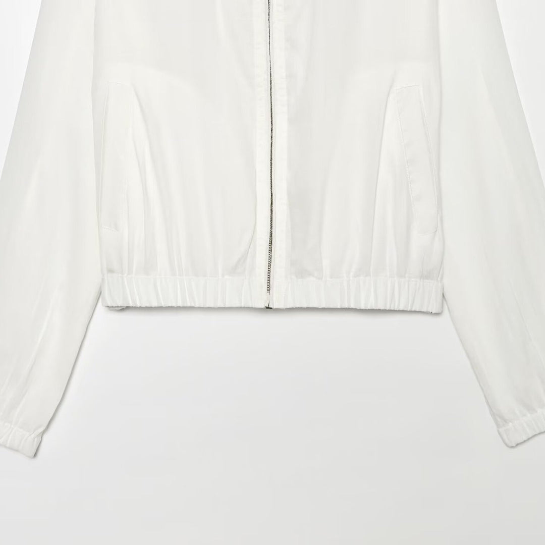 Women's Lightweight Windbreaker Bomber Jacket with Stand-Up Collar, Two-Way Zipper and Elastic Cuff