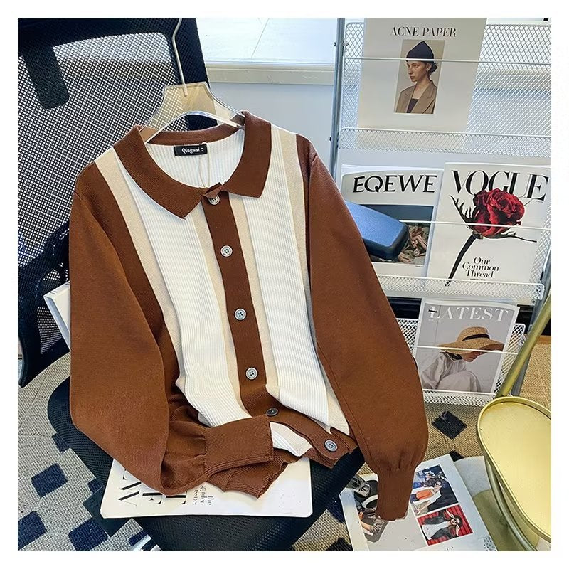Women's Fine Knit Cardigan with Polo Collar, Contrasting Ribbed Inserts and Continuous Button Placket Mune Fashion