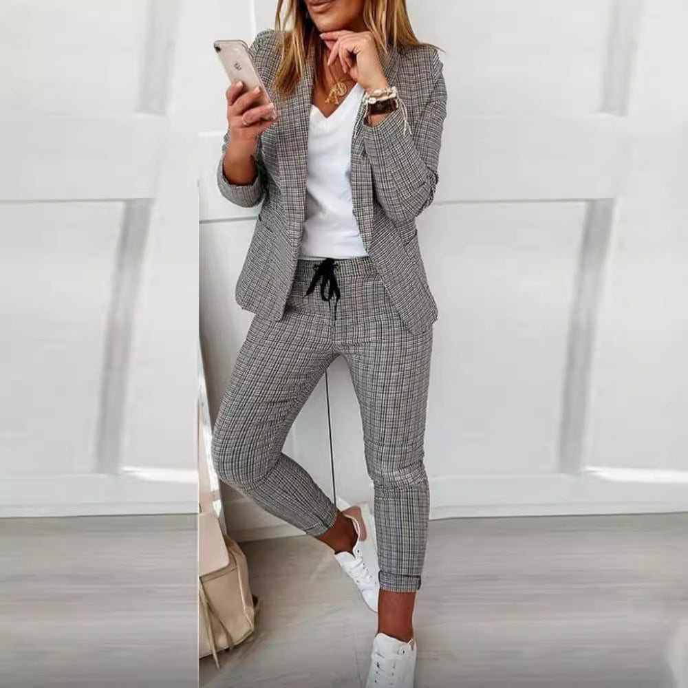 Women's two-piece checkered blazer and slim-fit jogging pants with drawstring Mune Fashion