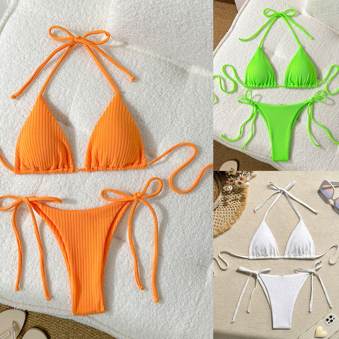 Women's triangle bikini with elastic tying bands and ribbed look Mune Fashion