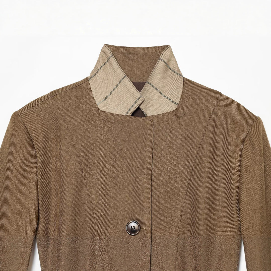 Women's Tailored Wool Blazer with Stand Collar and Decorative Button Placket Mune Fashion