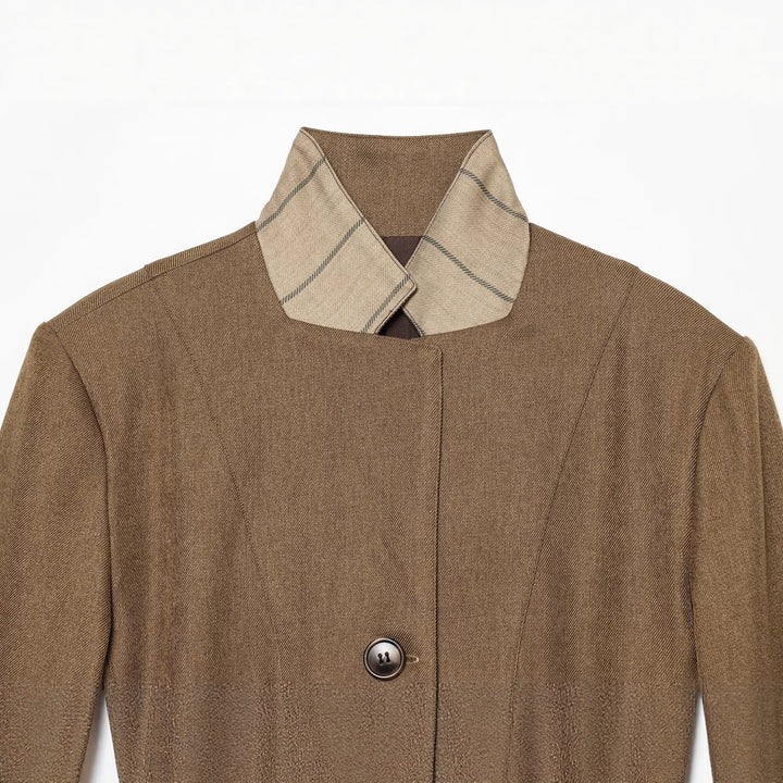 Women's Tailored Wool Blazer with Stand Collar and Decorative Button Placket Mune Fashion