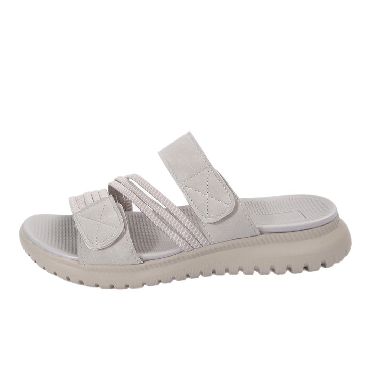 Damen Komfort-Pantolette mit verstellbaren Klettriemen, elastischen Zierbändern und stoßdämpfender Profilsohle Mune Fashion