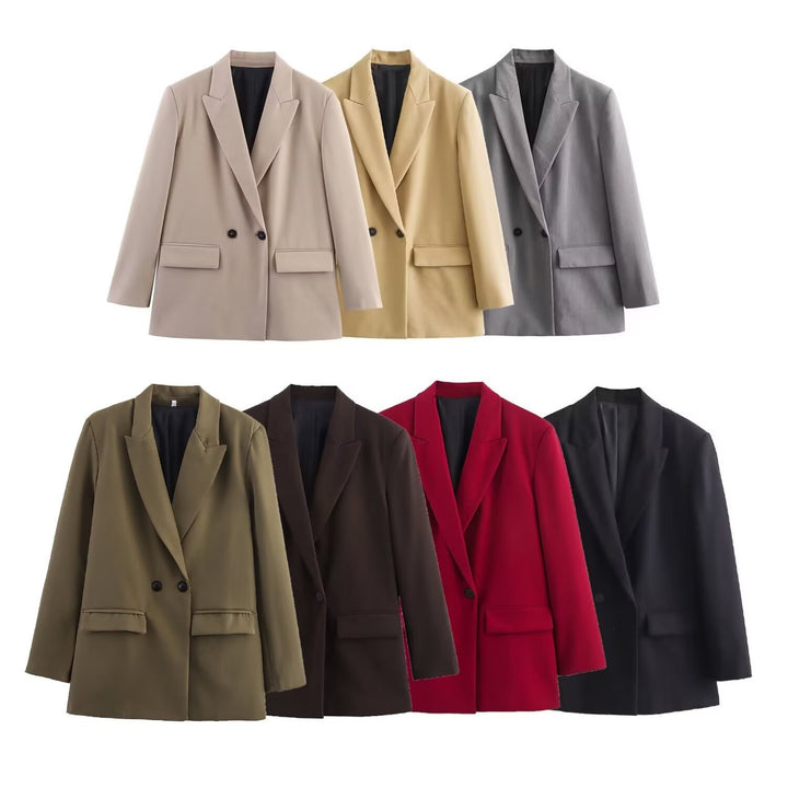 Women's Double-Breasted Blazer with Lapel Collar, Longer Oversized Cut and Flap Pockets Mune Fashion