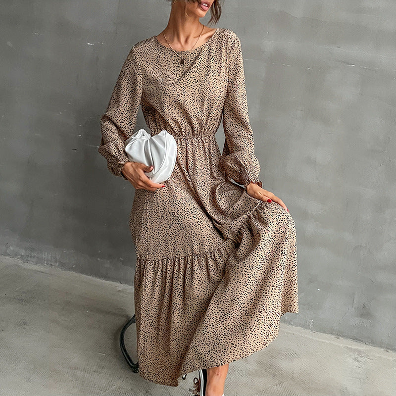 Women's Long Tiered Maxi Dress with Elastic Waist Gathering and Fine Polka Dot Print Mune Fashion