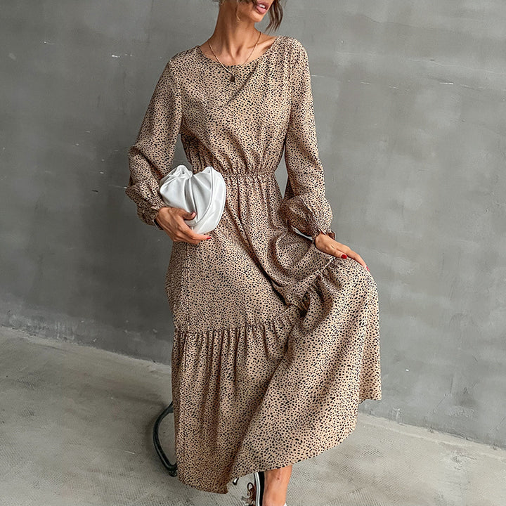 Women's Long Tiered Maxi Dress with Elastic Waist Gathering and Fine Polka Dot Print Mune Fashion