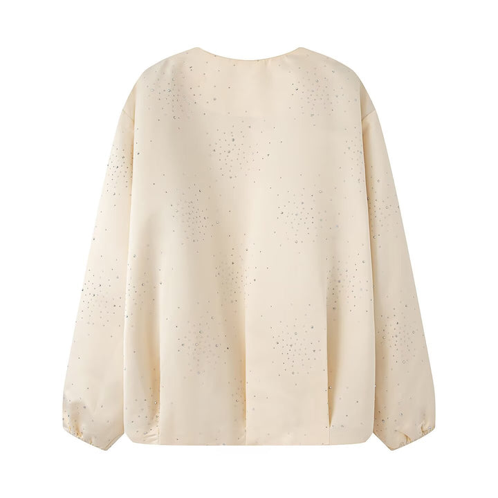 Women's Shiny Bomber Jacket with Decorative Stone Trim and Elastic Hem Mune Fashion