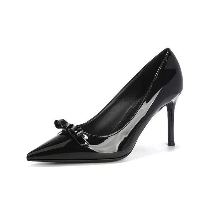 Women’s pointed toe patent pumps with decorative bow and slim stiletto heel Mune Fashion