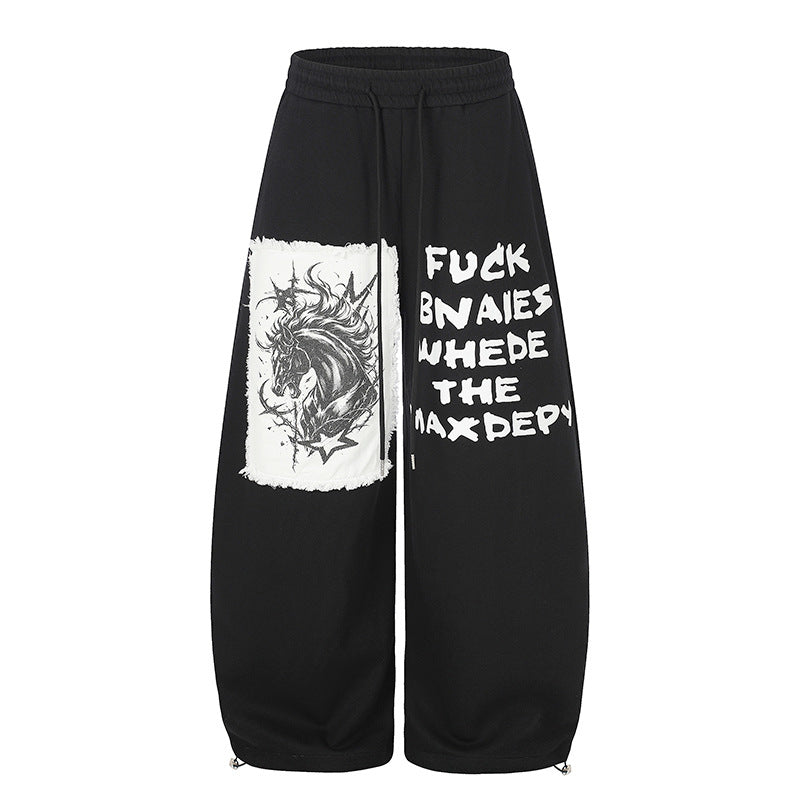 Women Extra Wide Palazzo Sweatpants in Street Style with Horse Patch, Drawstring Waistband and Adjustable Hem