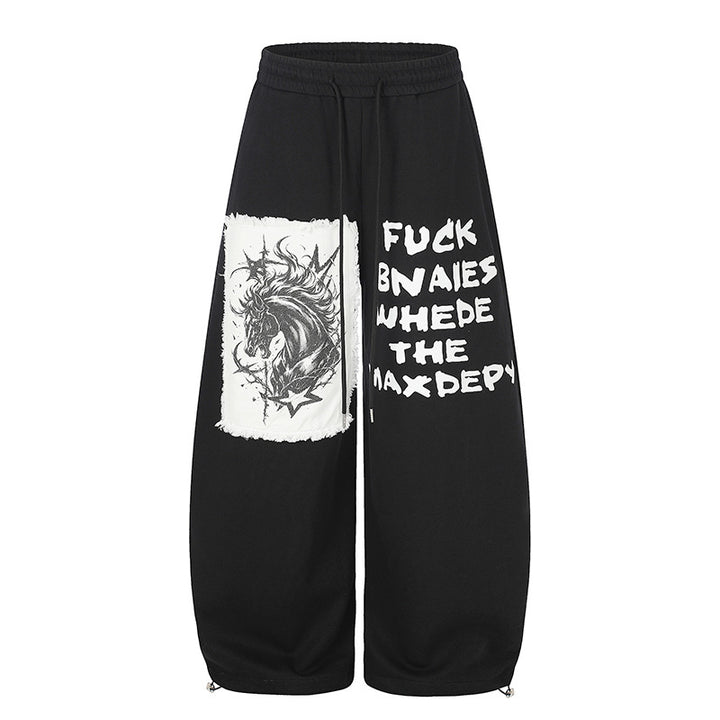 Women Extra Wide Palazzo Sweatpants in Street Style with Horse Patch, Drawstring Waistband and Adjustable Hem