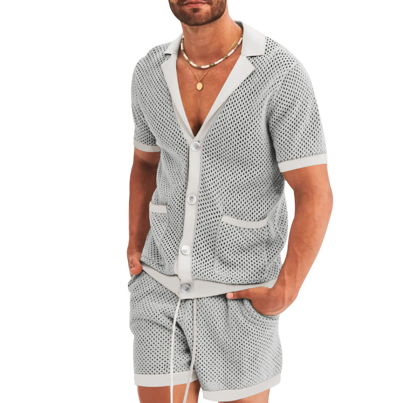 Men's open mesh knit cardigan with matching drawstring shorts Mune Fashion