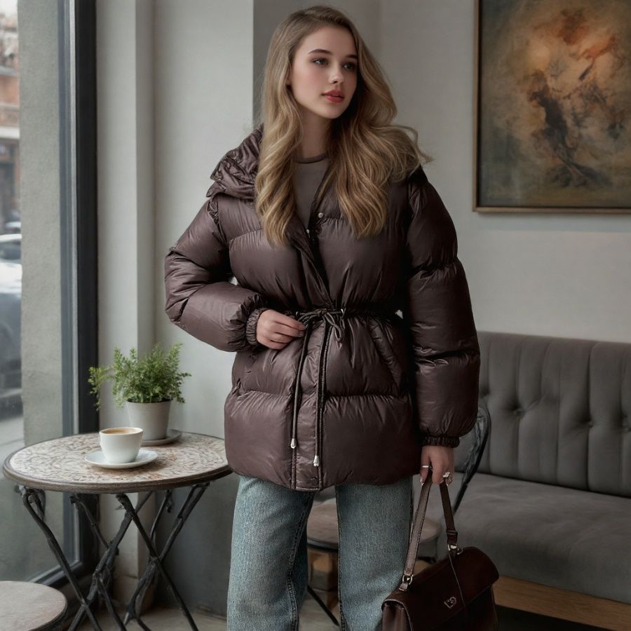 Women Tailored Quilted Jacket in Down Look with Drawstring and Hood Mune Fashion