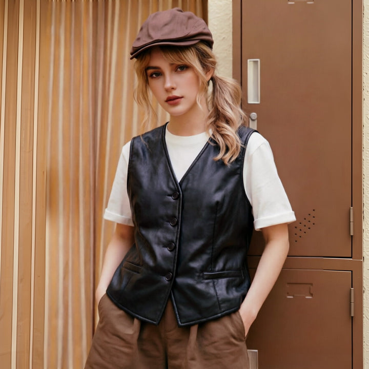 Women Elegant Faux Leather Vest Mune Fashion