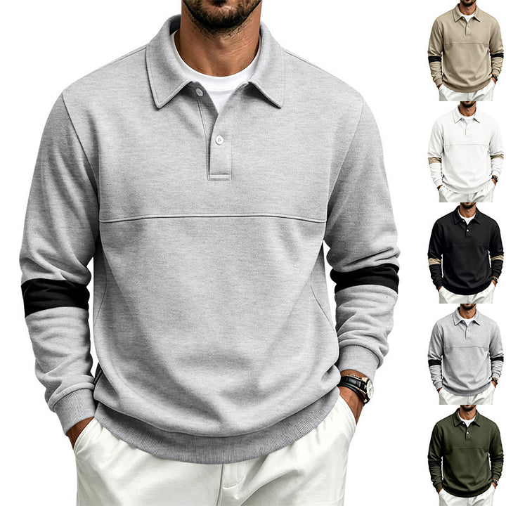 Men's Long Sleeve Polo Shirt Sweatshirt with Concealed Button Placket, Chest Seam and Contrast Stripes Mune Fashion