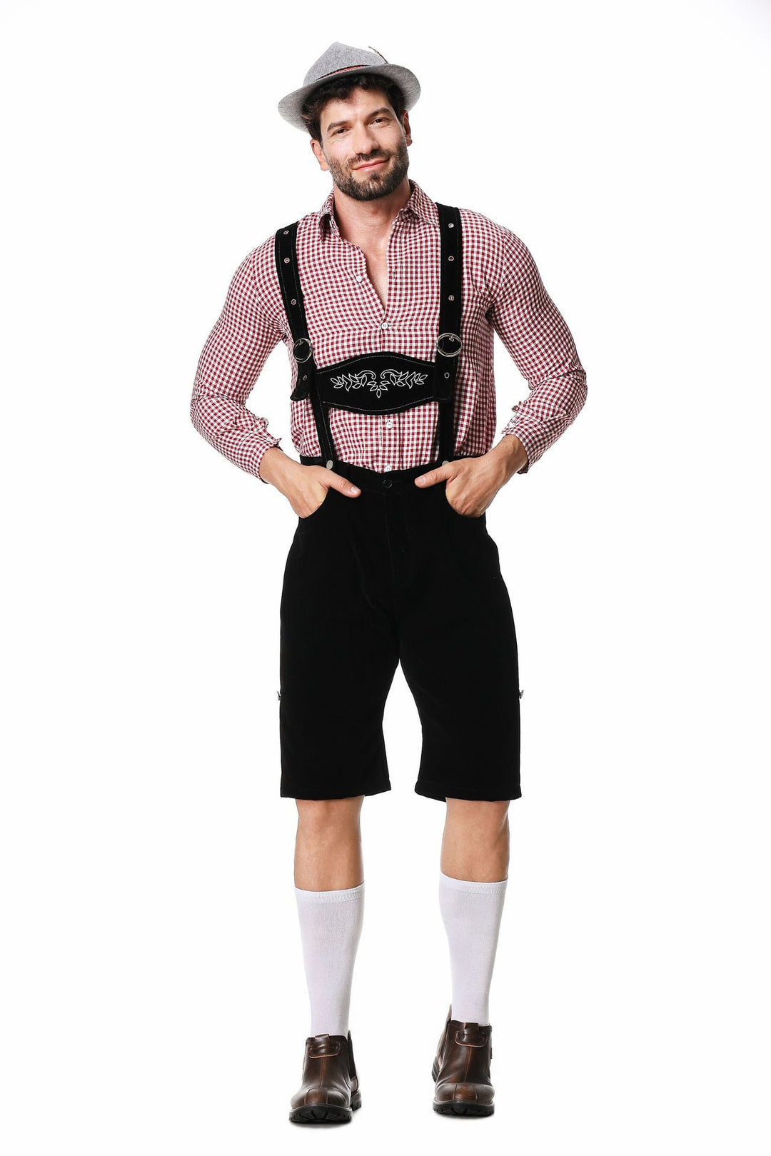 Men's authentic traditional knee-length trousers made of suede-like material with adjustable straps and embroidered chest bib Mune Fashion