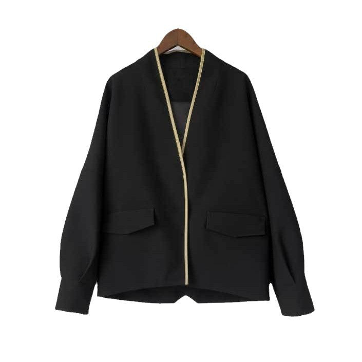 Women Oversize collarless blazer jacket with contrast piping & flap pockets Mune Fashion