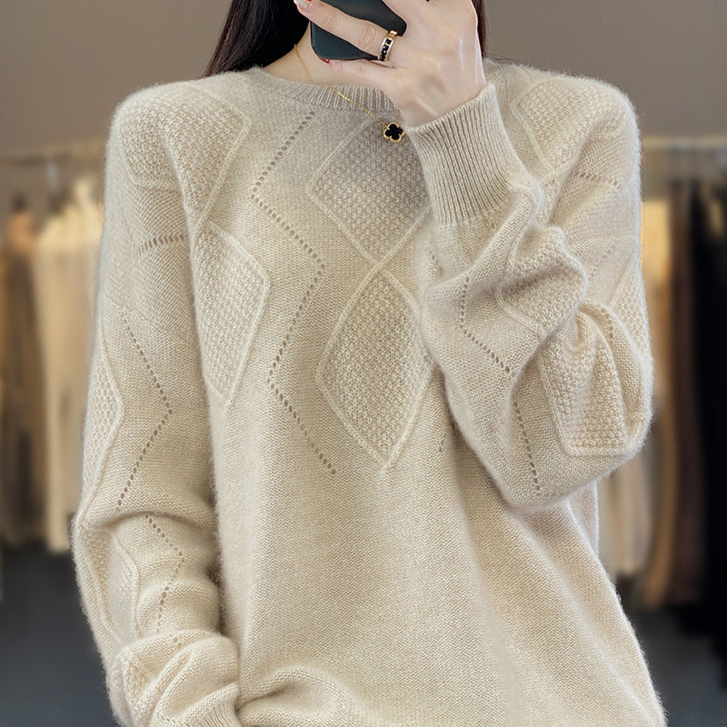 Women's Soft Diamond Pattern Sweater in Mohair Look with Fine Openwork Structure and Round Neckline Mune Fashion